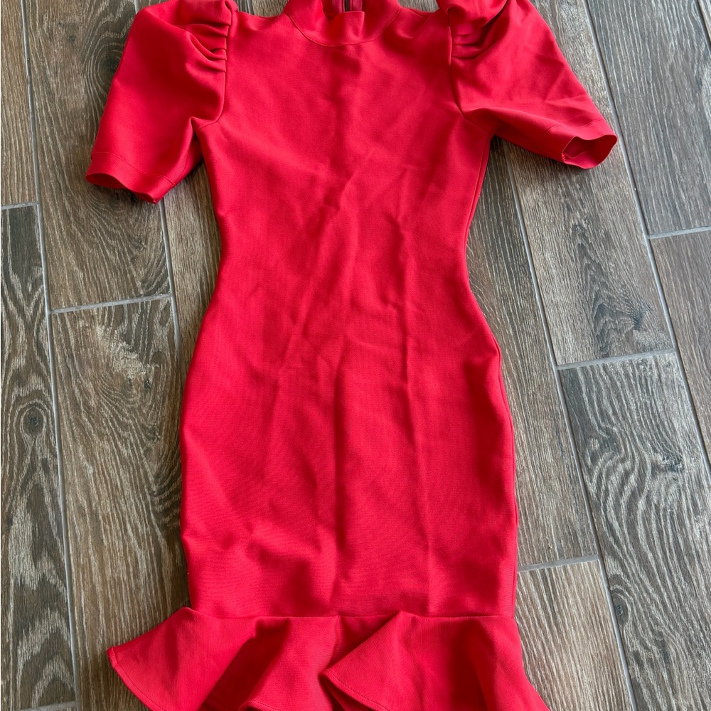 Vibrant Red Ruffle Sleeve Dress